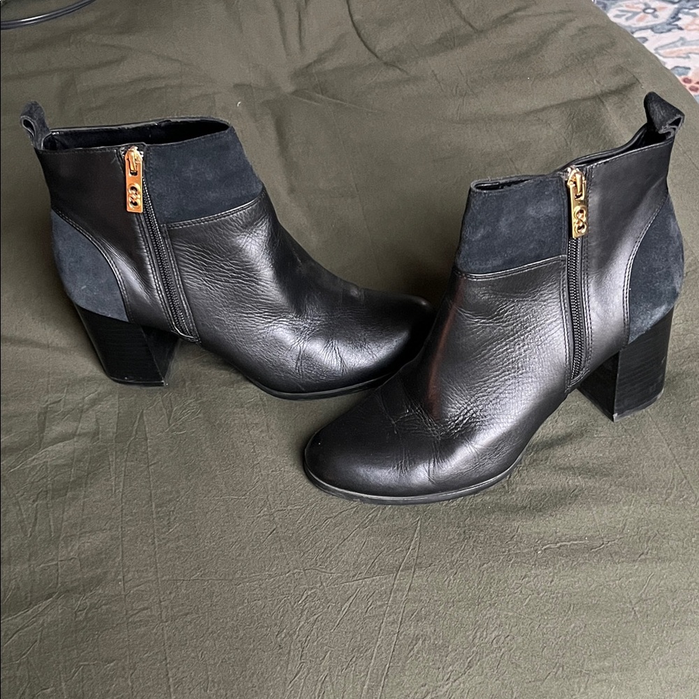 Black Leather Ankle Boots with Gold Zipper